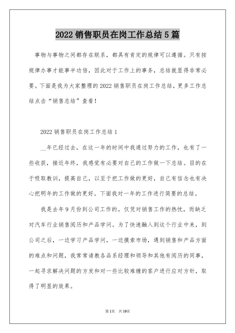 2022销售职员在岗工作总结5篇