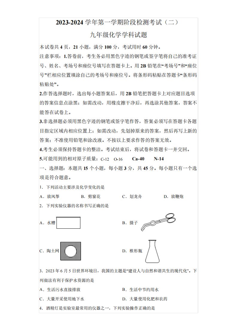 2024学年第一学期九年级化学期中试卷(含解析)