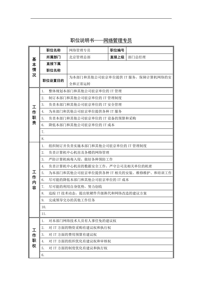 网络管理专员岗位说明书