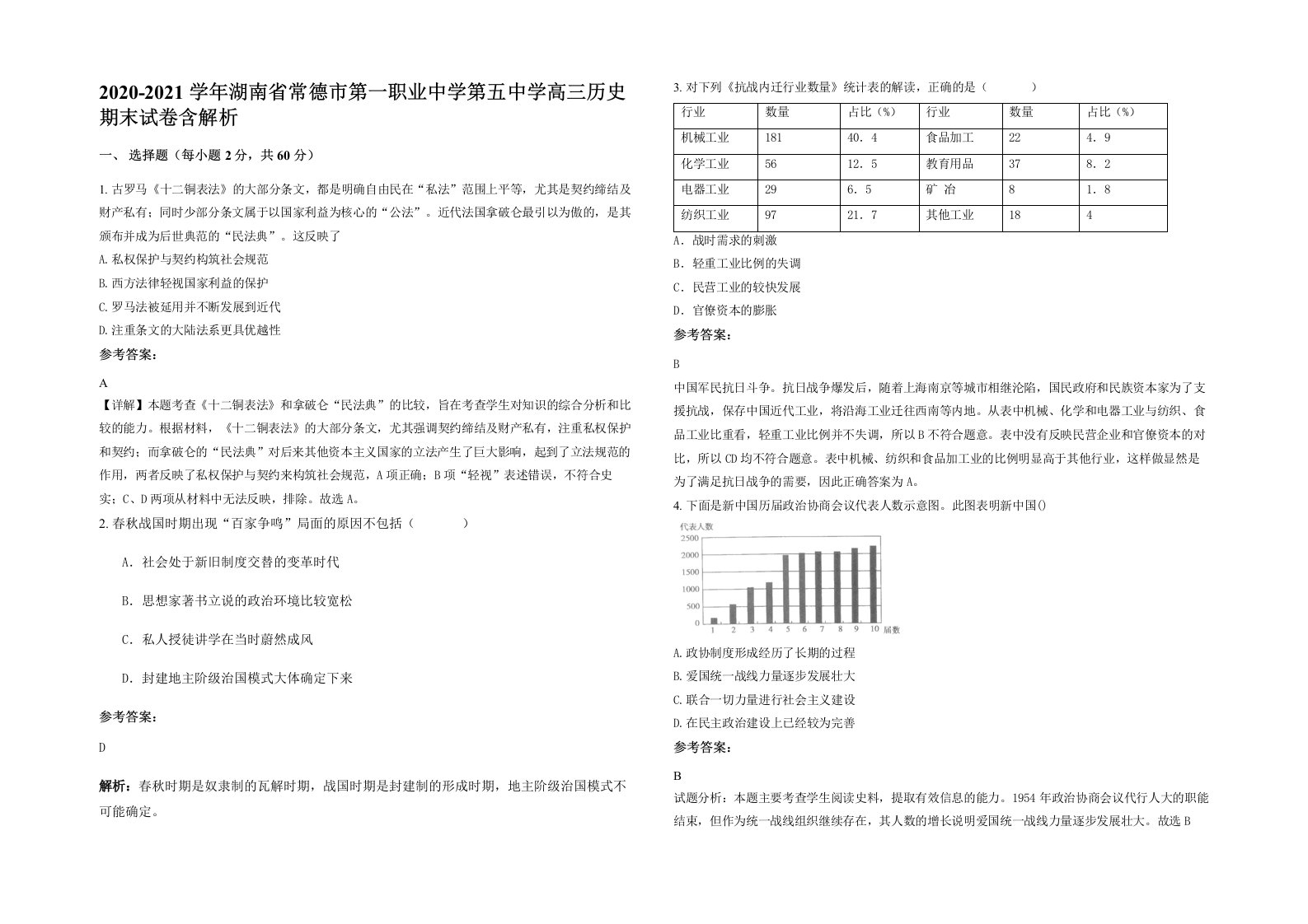 2020-2021学年湖南省常德市第一职业中学第五中学高三历史期末试卷含解析