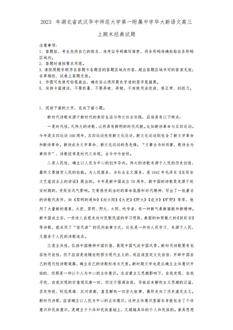 2023年湖北省武汉华中师范大学第一附属中学华大新语文高三上期末经典试题含解析