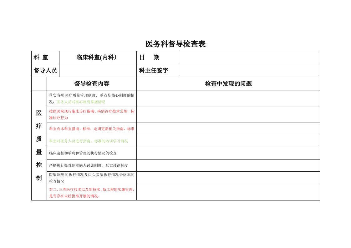 最新医务科督导检查表(内科)