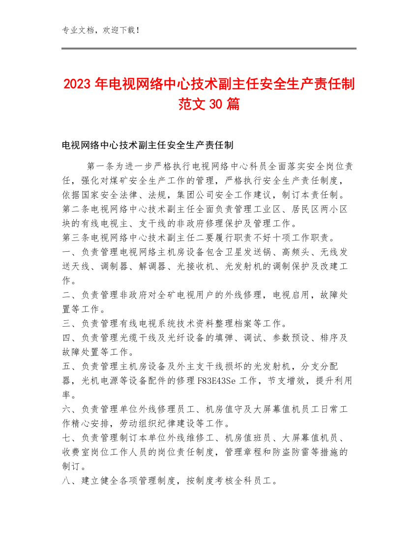 2023年电视网络中心技术副主任安全生产责任制范文30篇