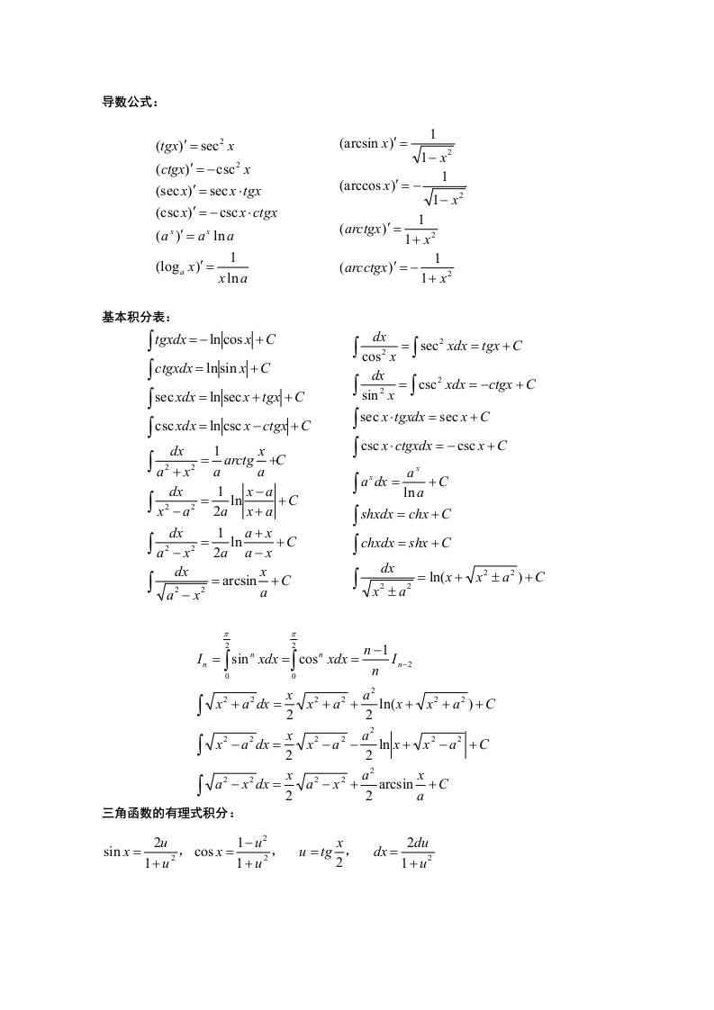 大学数学公式总结大全