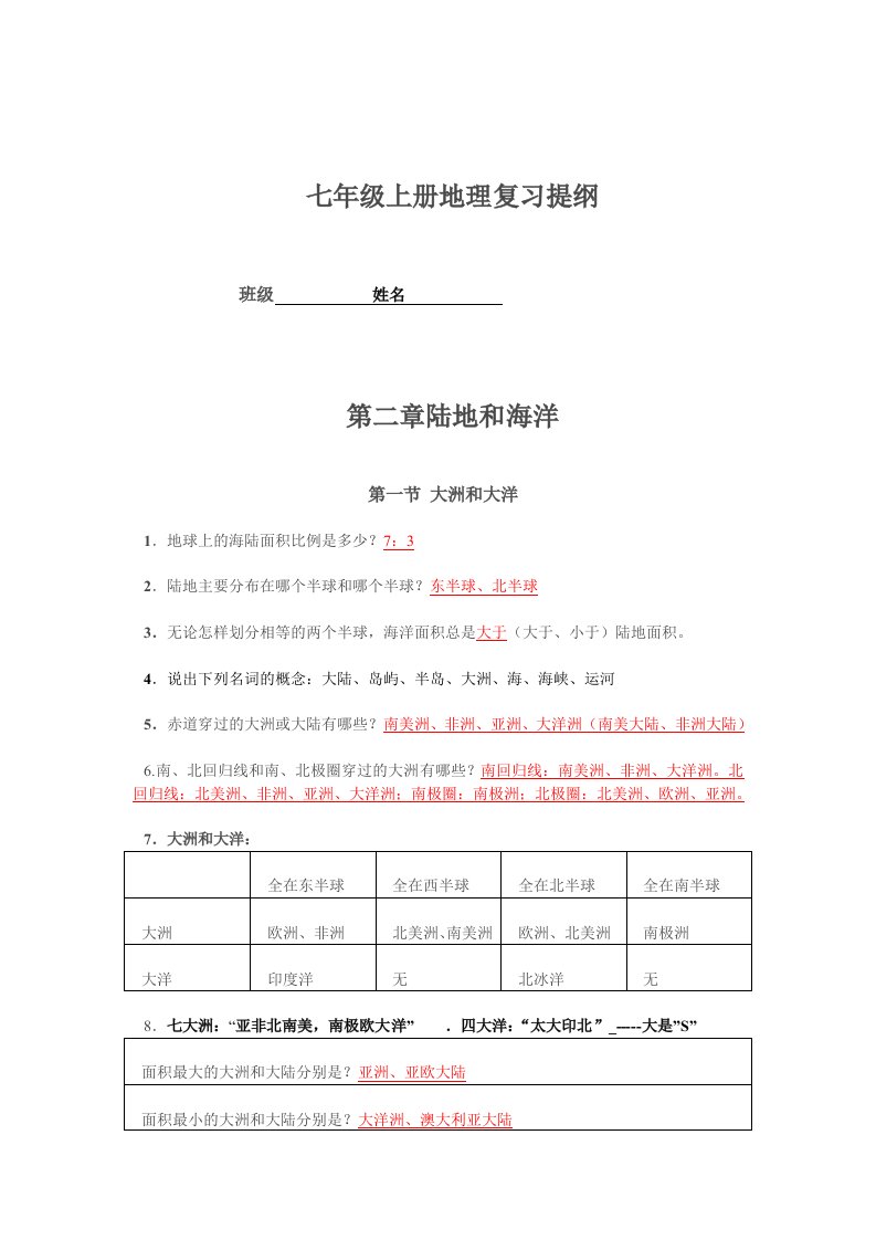 七年级地理上册第二章陆地和海洋复习提纲