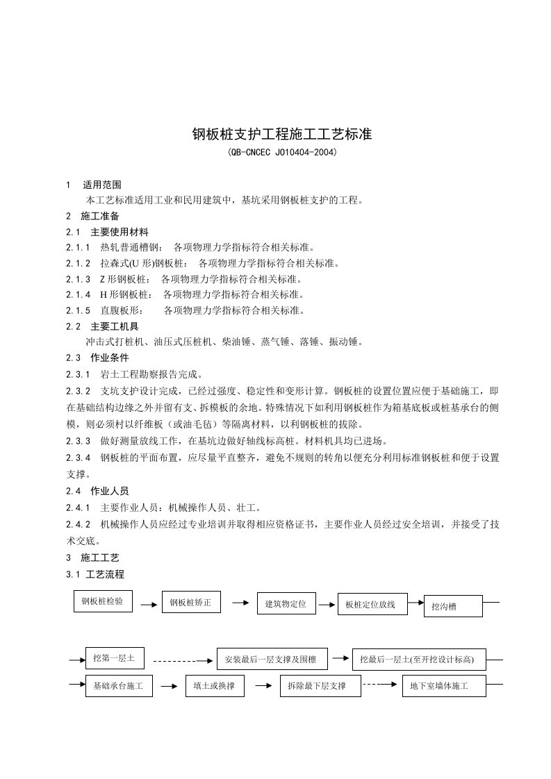 4.04钢板桩支护工程施工工艺标准