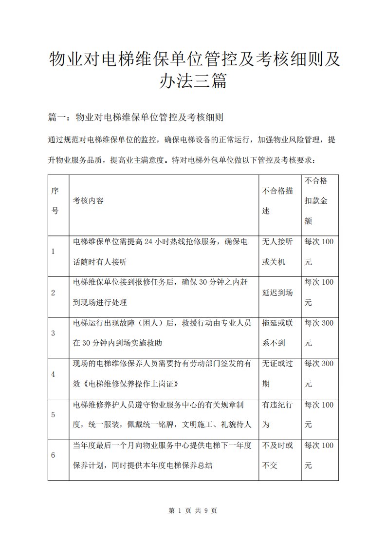 物业对电梯维保单位管控及考核细则及办法三篇