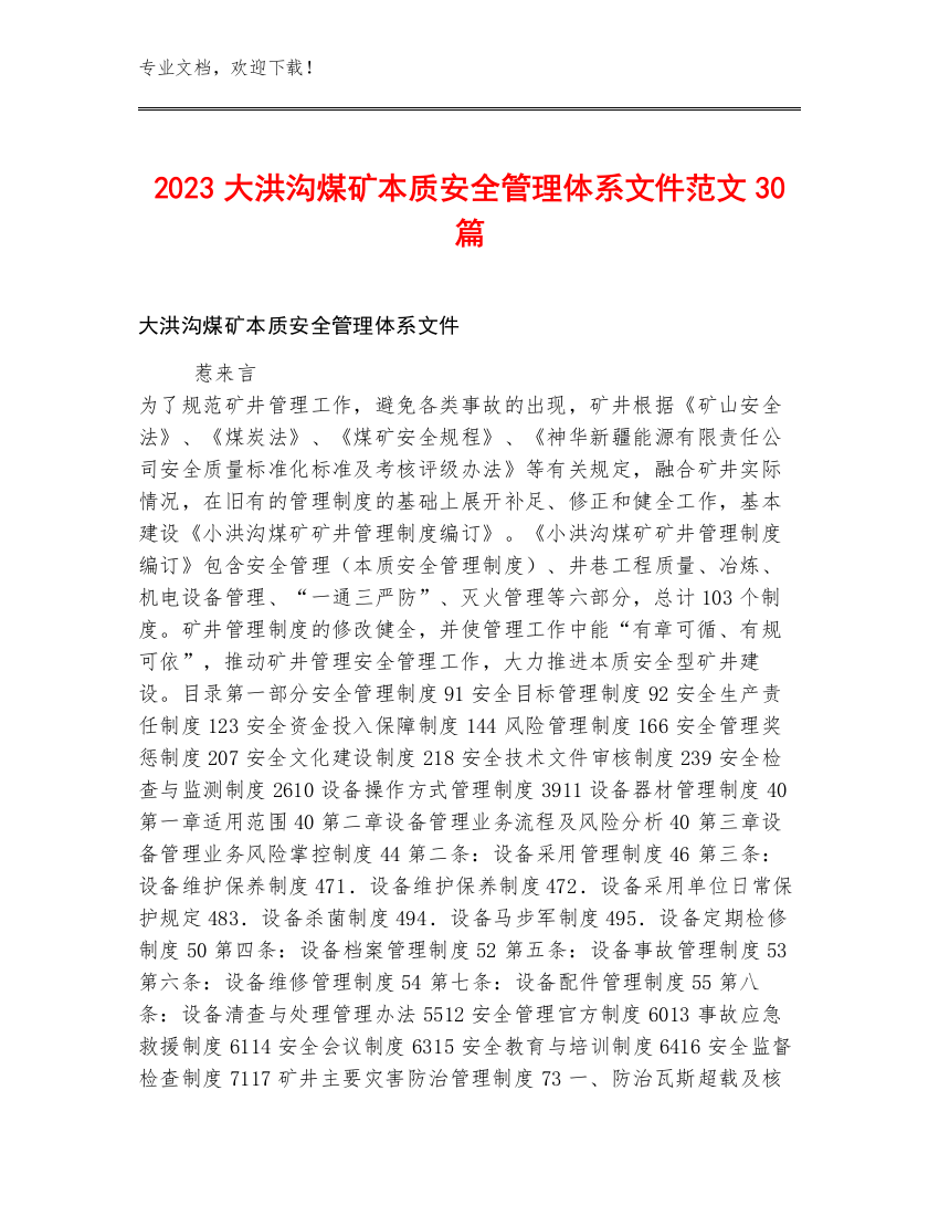 2023大洪沟煤矿本质安全管理体系文件范文30篇