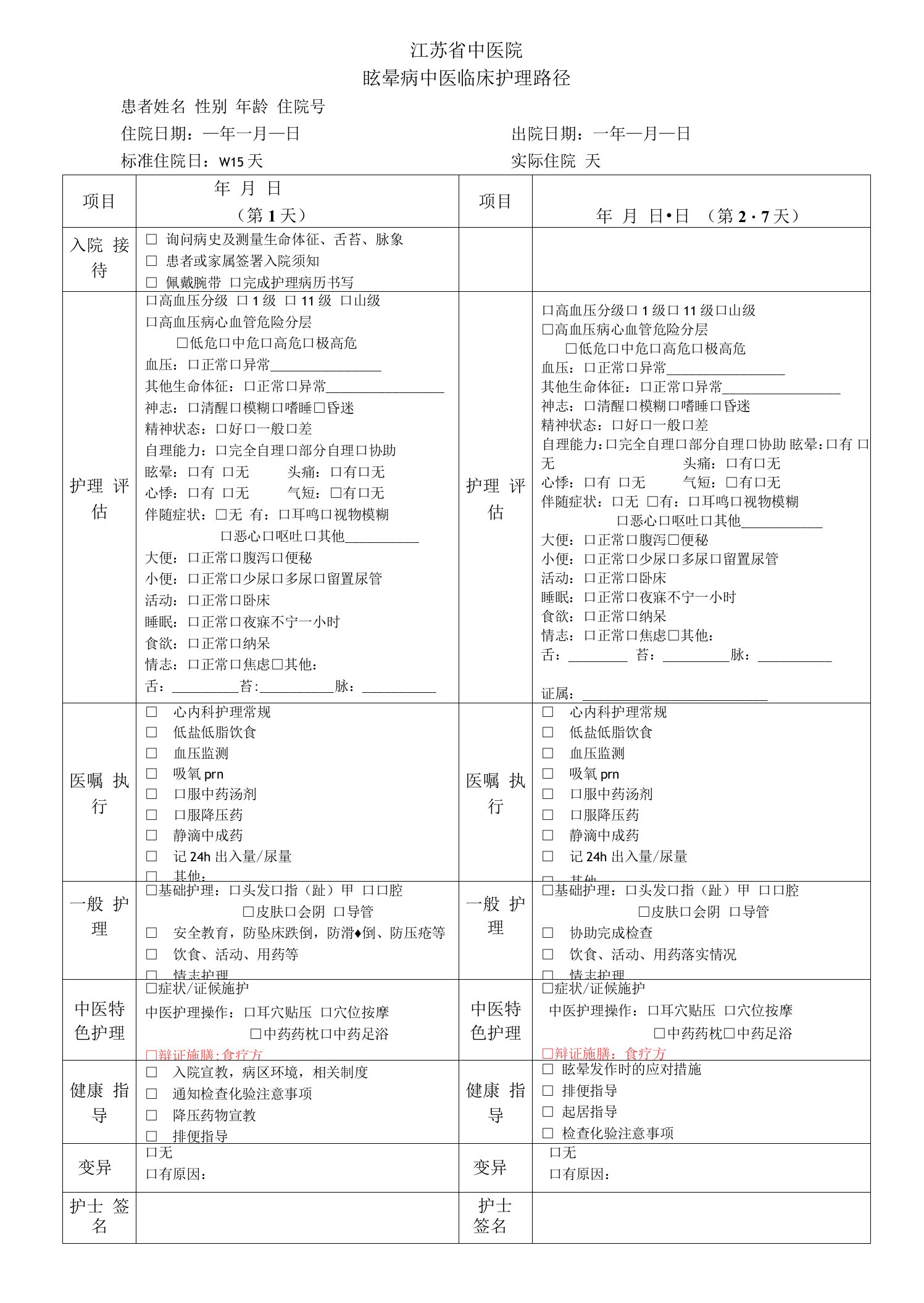 眩晕病护理临床路径表