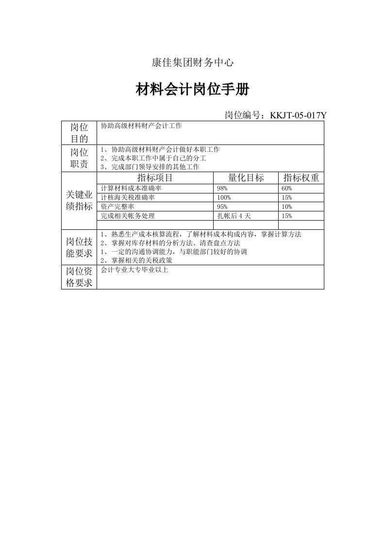 康佳集团财务中心材料会计岗位手册表