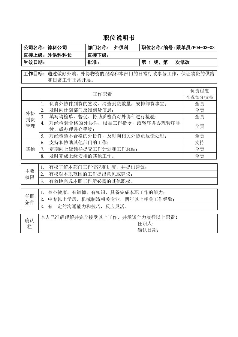 职位说明书-外供跟单员