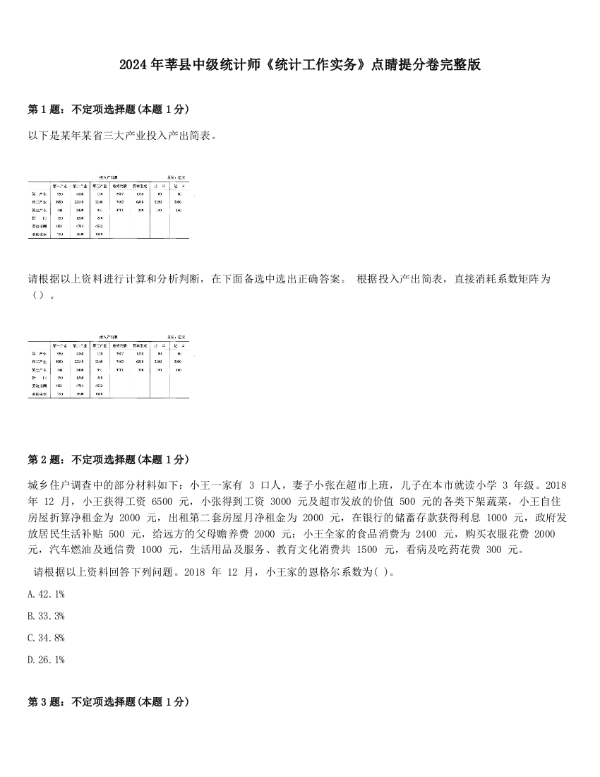 2024年莘县中级统计师《统计工作实务》点睛提分卷完整版