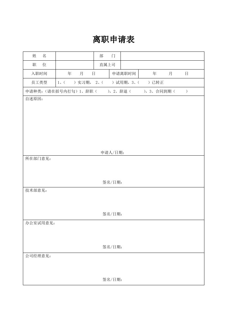 员工离职申请表模板