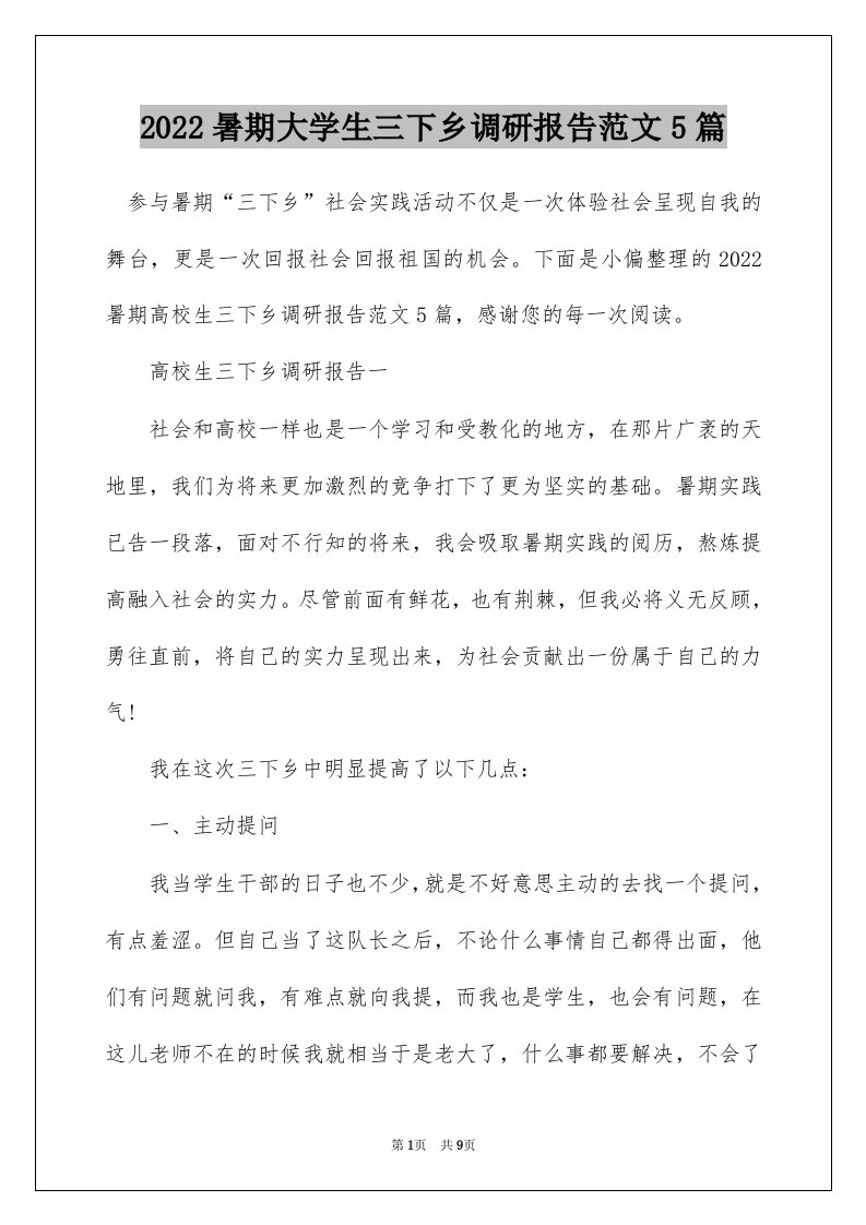 2022暑期大学生三下乡调研报告范文5篇