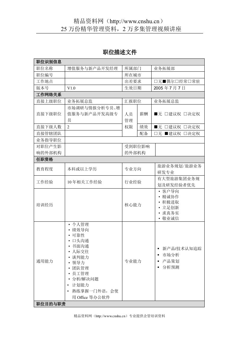 增值服务与新产品开发经理岗位说明书