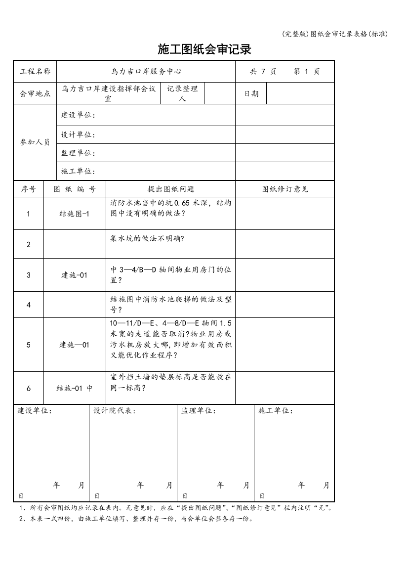 (完整版)图纸会审记录表格(标准)