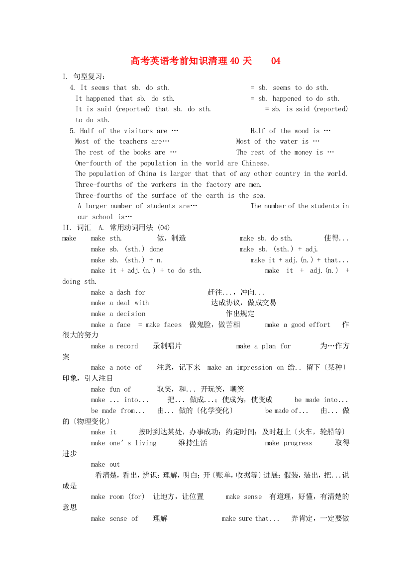 （整理版高中英语）高考英语考前知识清理40天04