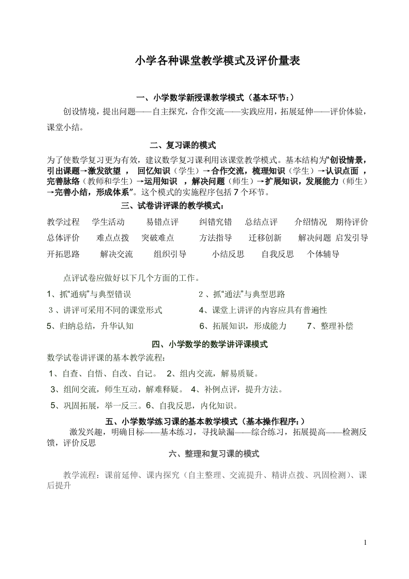 小学数学课堂教学模式及评课量表