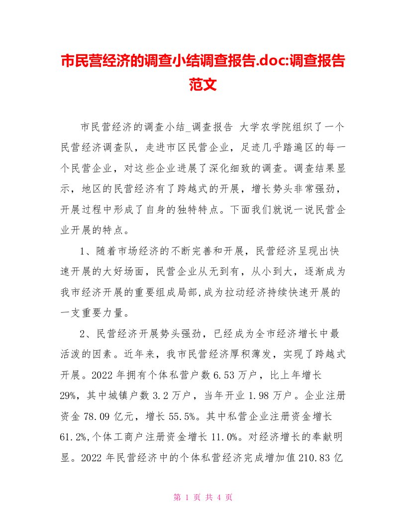 市民营经济的调查小结调查报告.doc-调查报告范文