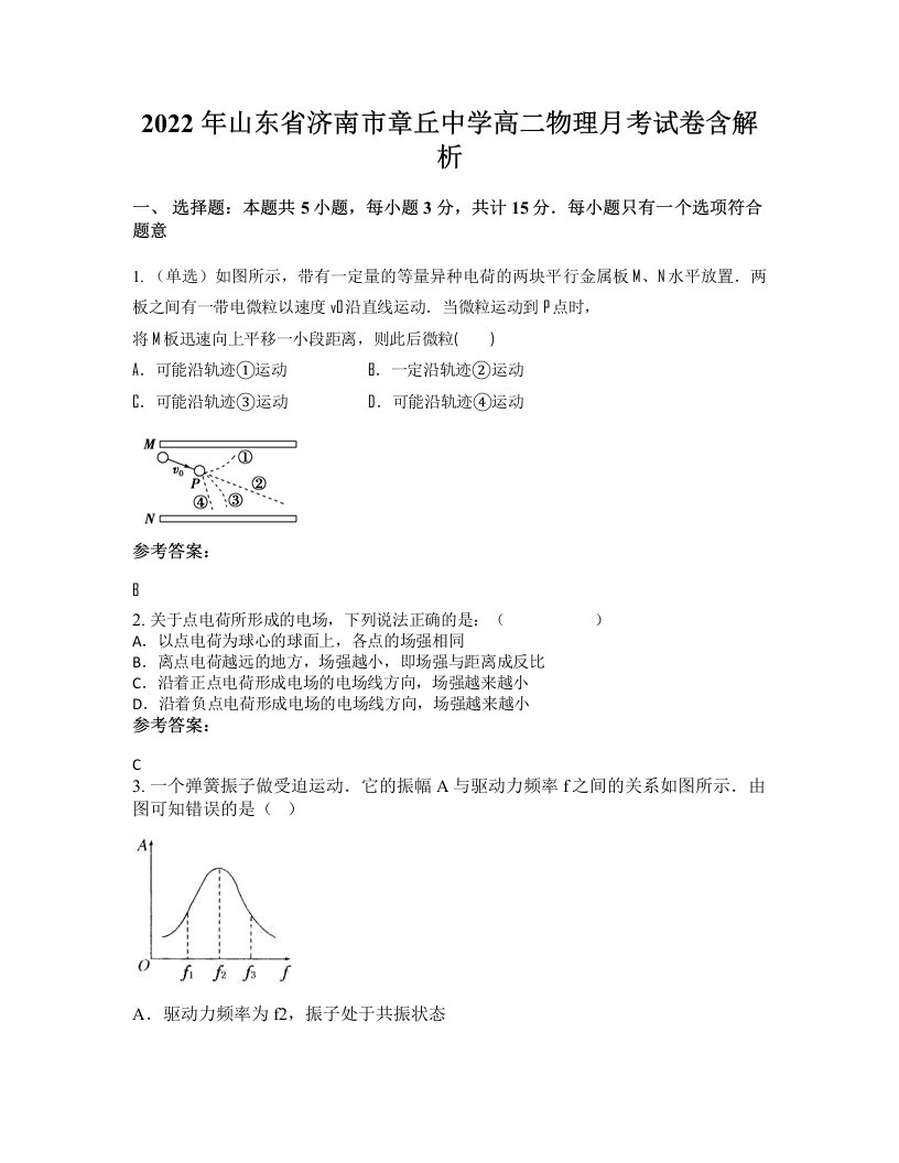 2022年山东省济南市章丘中学高二物理月考试卷含解析