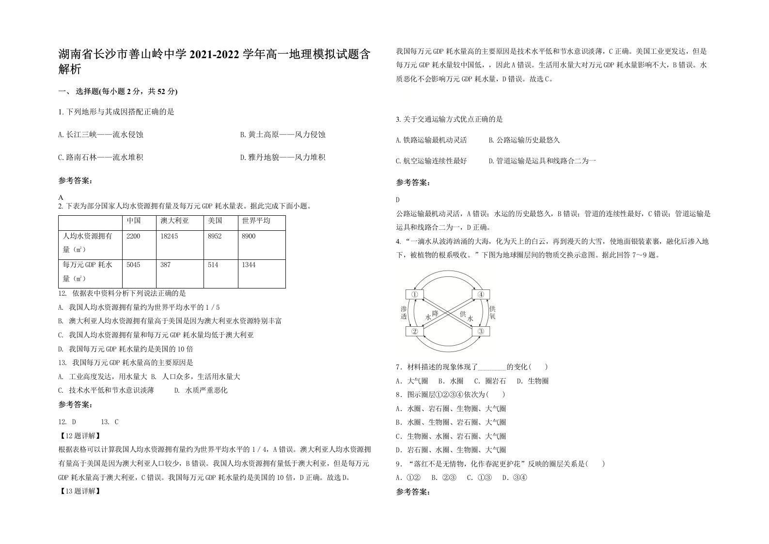 湖南省长沙市善山岭中学2021-2022学年高一地理模拟试题含解析