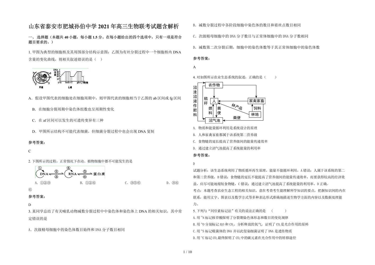 山东省泰安市肥城孙伯中学2021年高三生物联考试题含解析