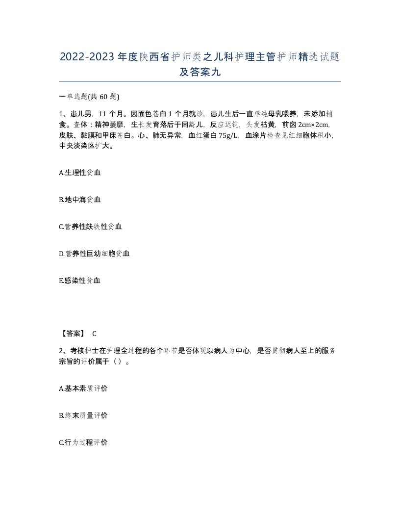 2022-2023年度陕西省护师类之儿科护理主管护师试题及答案九