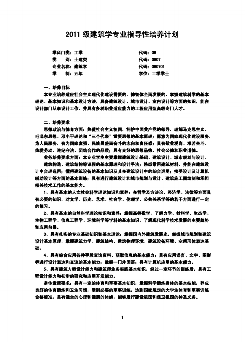 攀枝花学院2011级建筑学专业人才培养方案