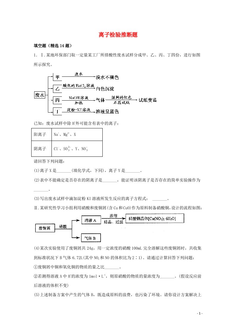 2022届高三化学一轮复习实验专题强基练28离子检验推断题含解析