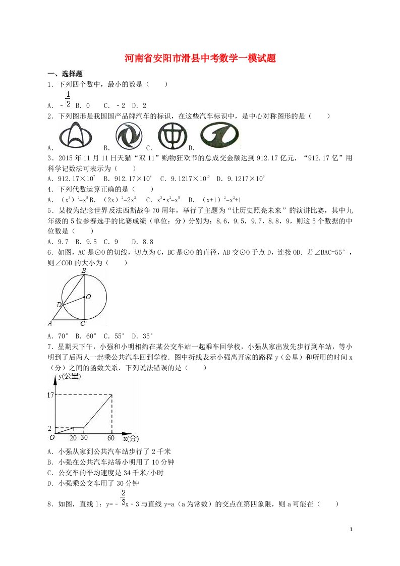 河南省安阳市滑县中考数学一模试题（含解析）