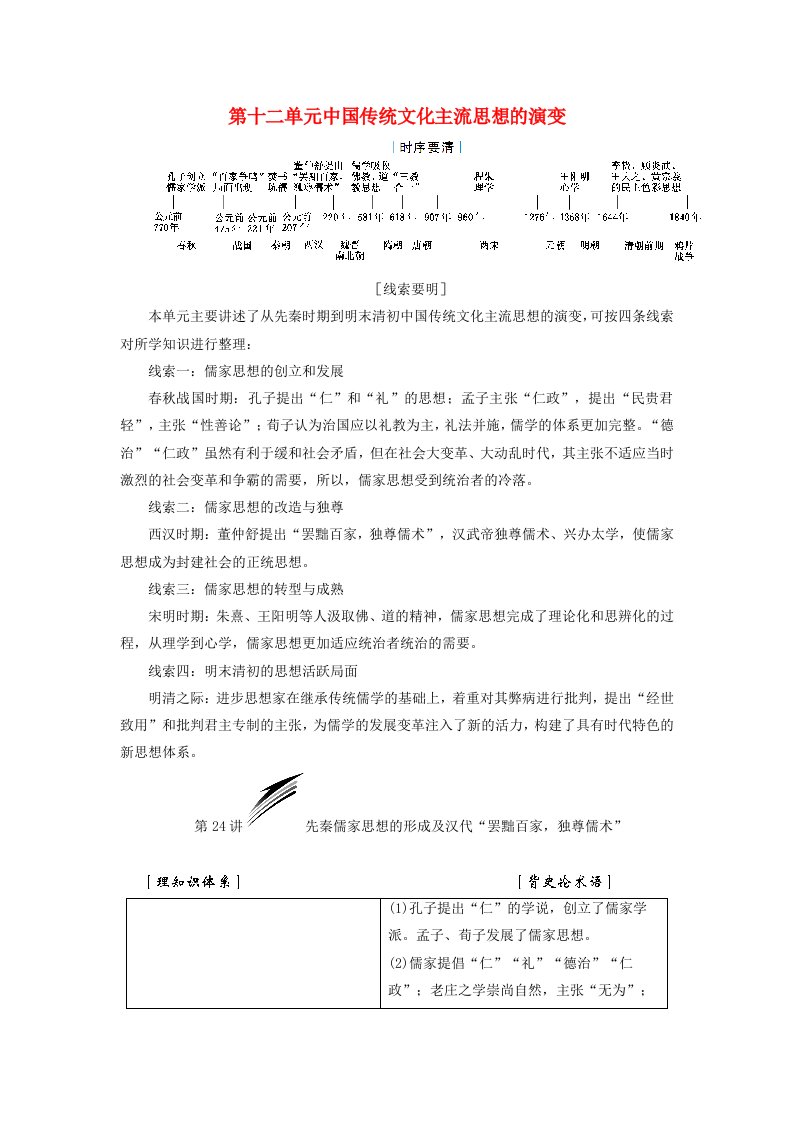 高考历史一轮总复习第十二单元中国传统文化主流思想的演变教师用书新人教版