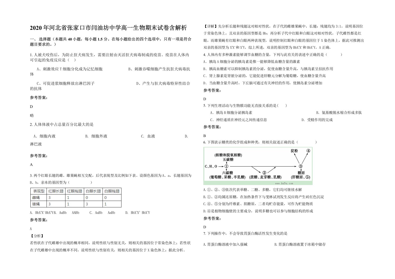 2020年河北省张家口市闫油坊中学高一生物期末试卷含解析