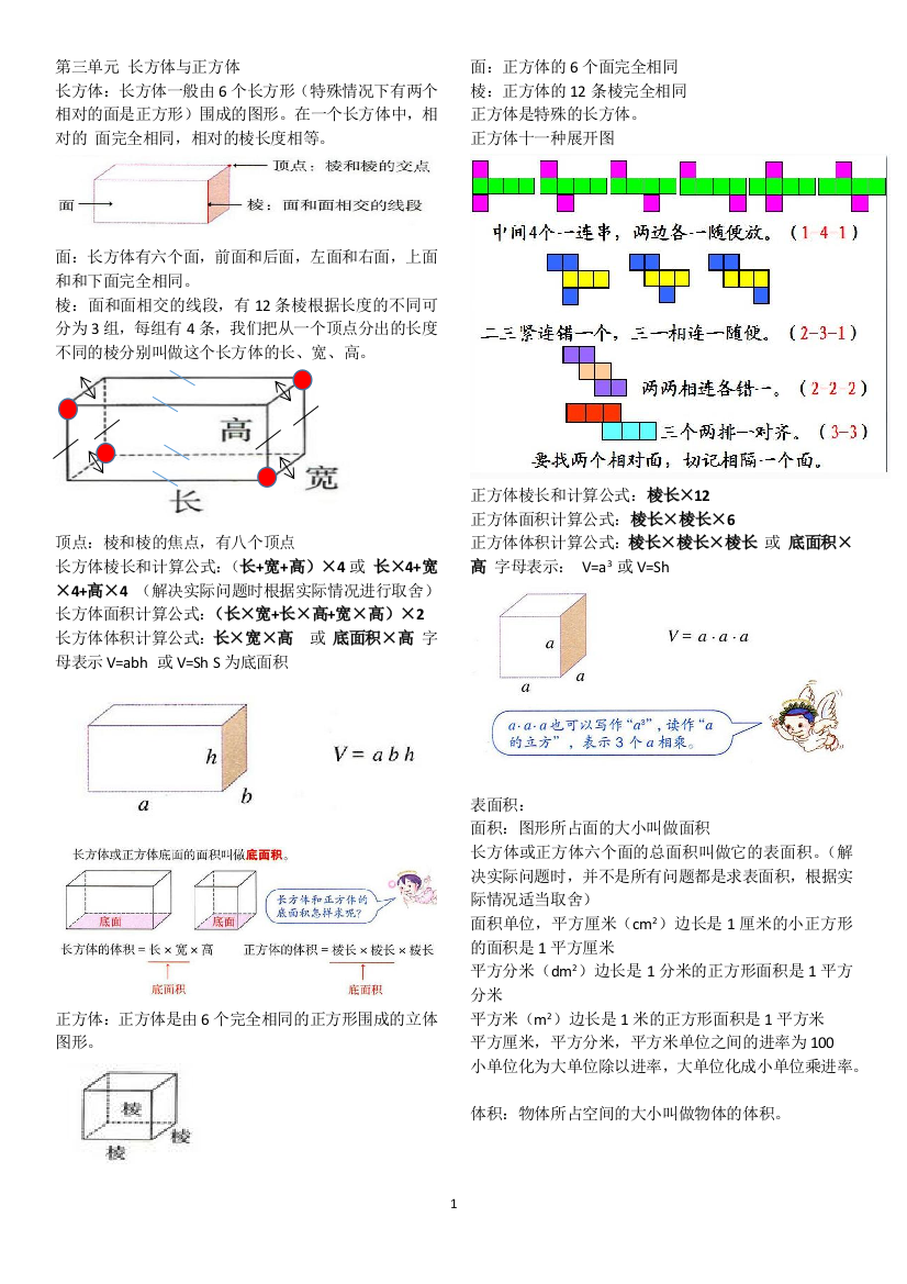 五年级下册数学知识点梳理---三单元.《长方体和正方体》-人教版