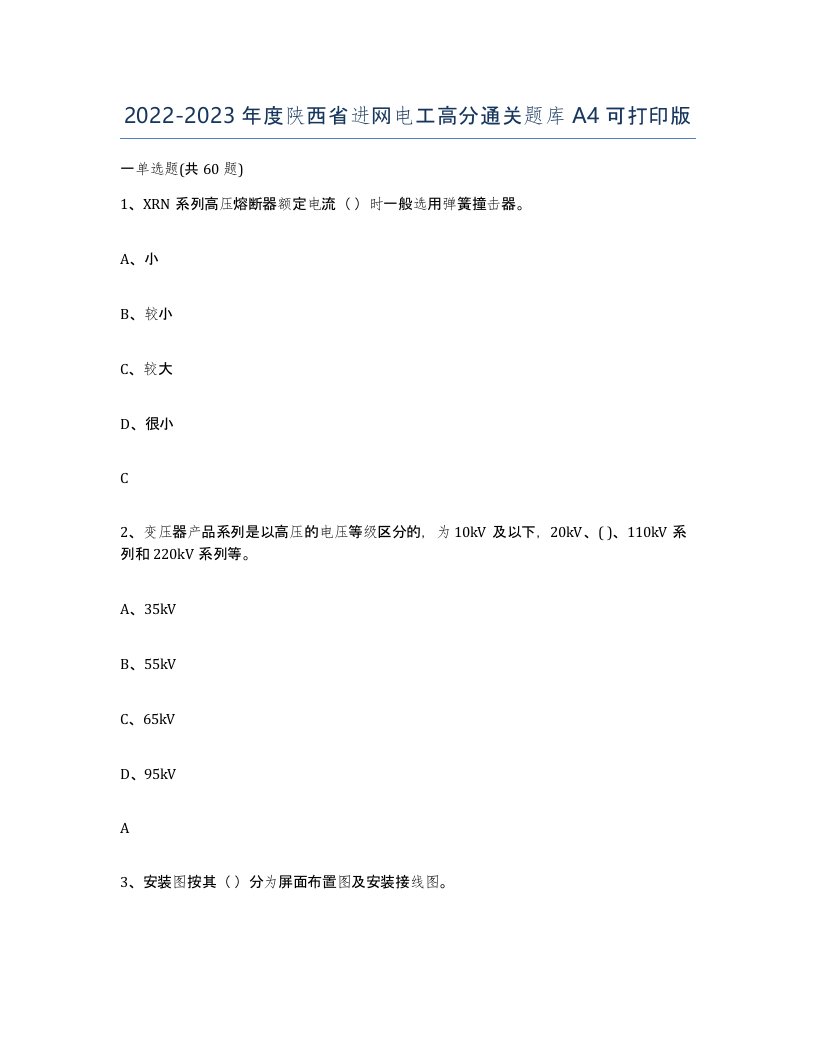 2022-2023年度陕西省进网电工高分通关题库A4可打印版