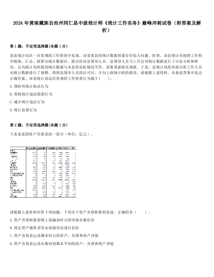 2024年黄南藏族自治州同仁县中级统计师《统计工作实务》巅峰冲刺试卷（附答案及解析）