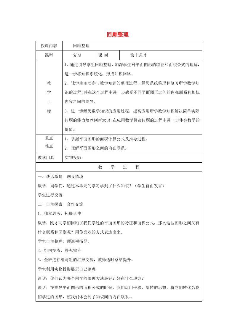 2023五年级数学上册五生活中的多边形__多边形的面积回顾整理教案青岛版六三制