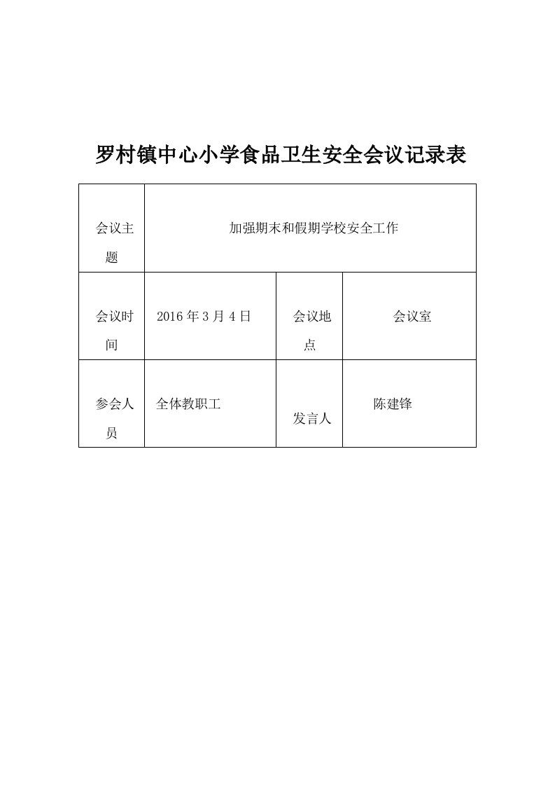 学校食品安全工作会议记录表（明细）