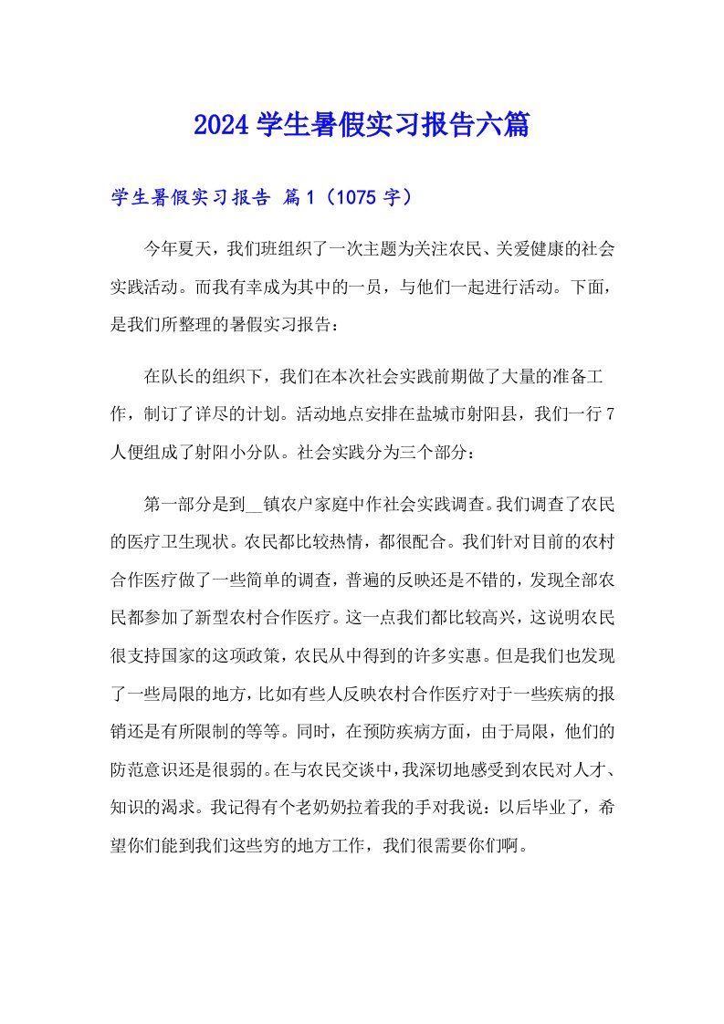 2024学生暑假实习报告六篇