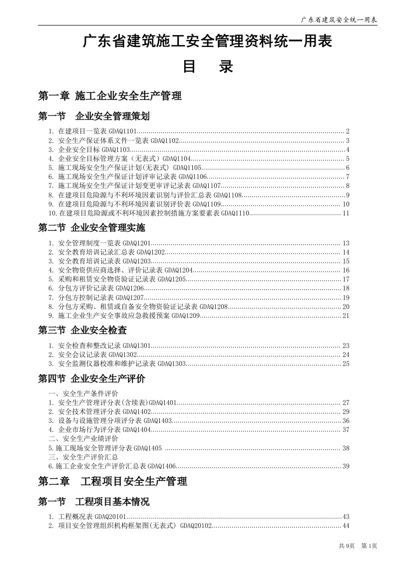 广东省建筑施工安全管理资料统一用表》目录(免积分