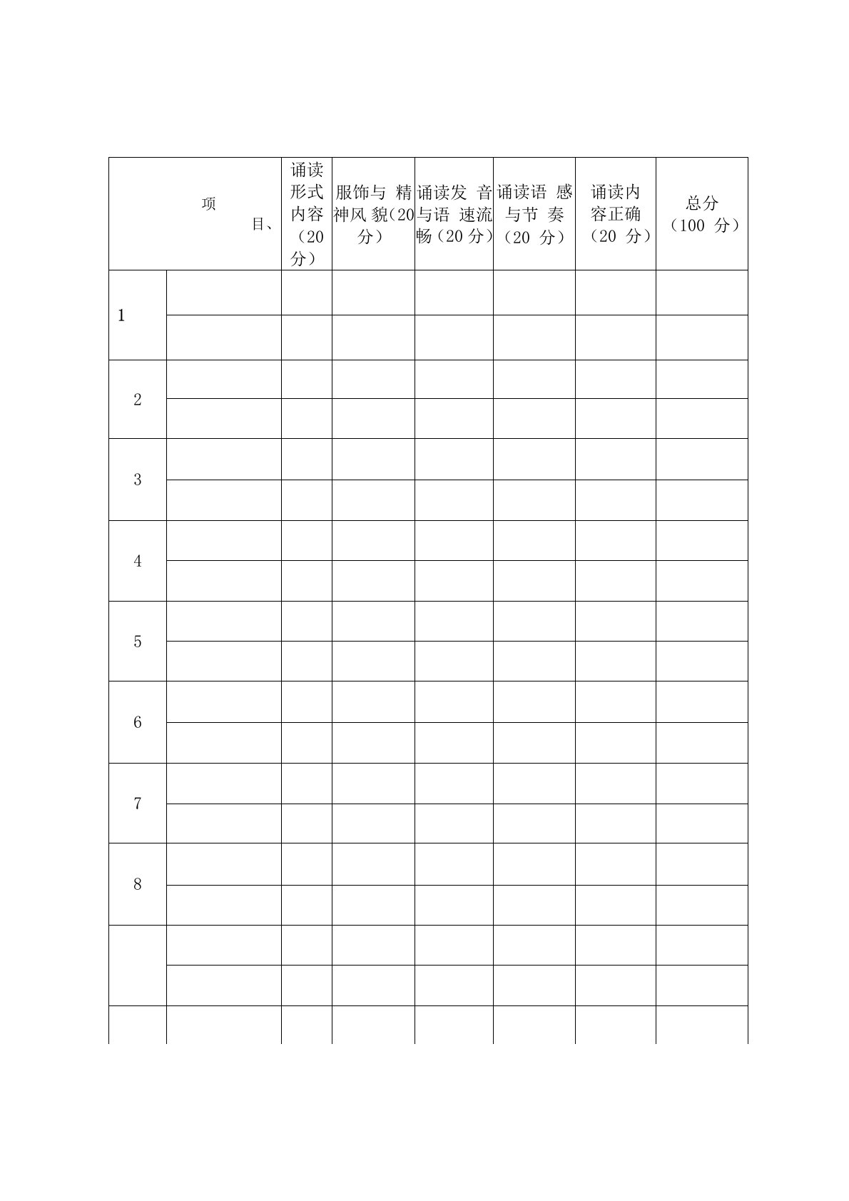 国学经典诵读评分表及活动方案