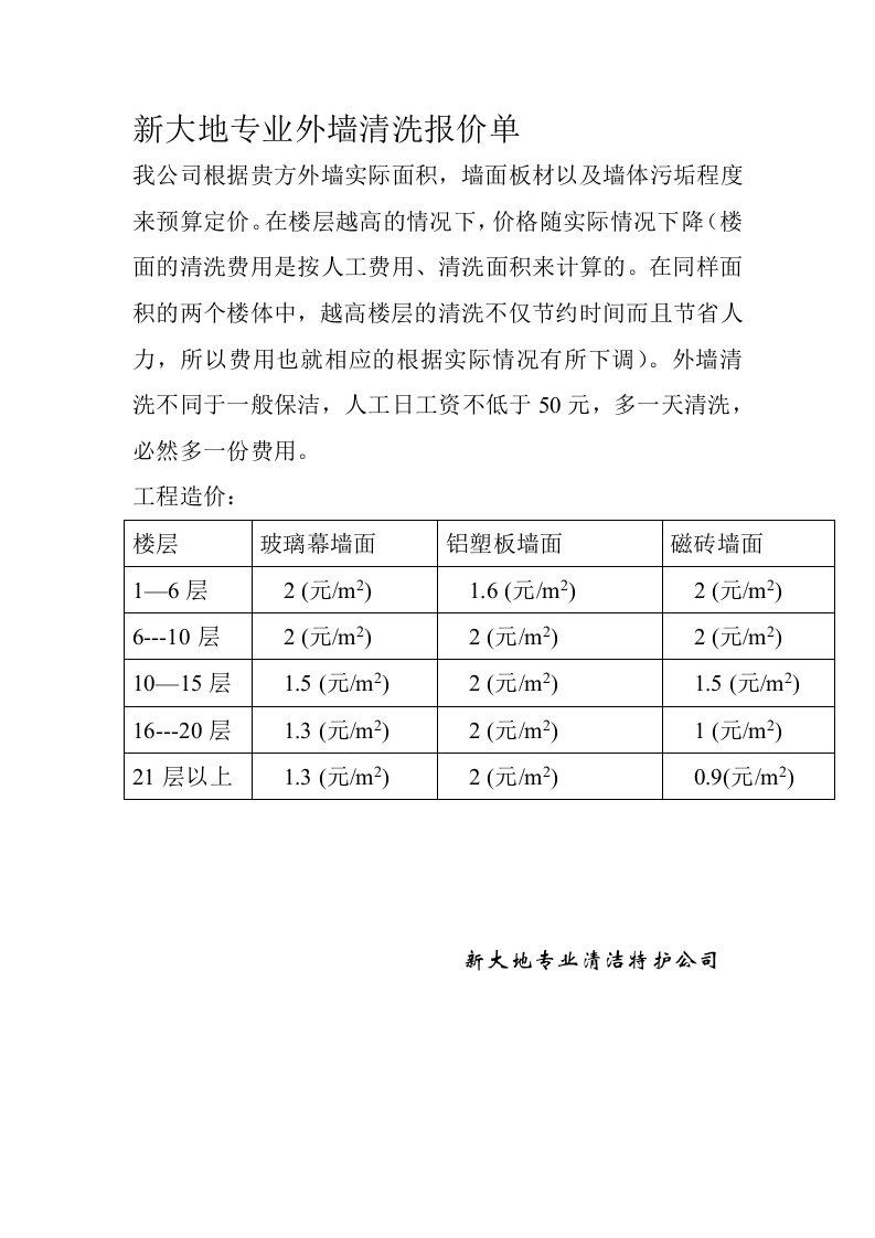 外墙清洗报价单