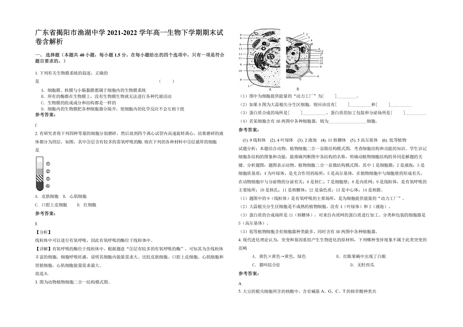 广东省揭阳市渔湖中学2021-2022学年高一生物下学期期末试卷含解析