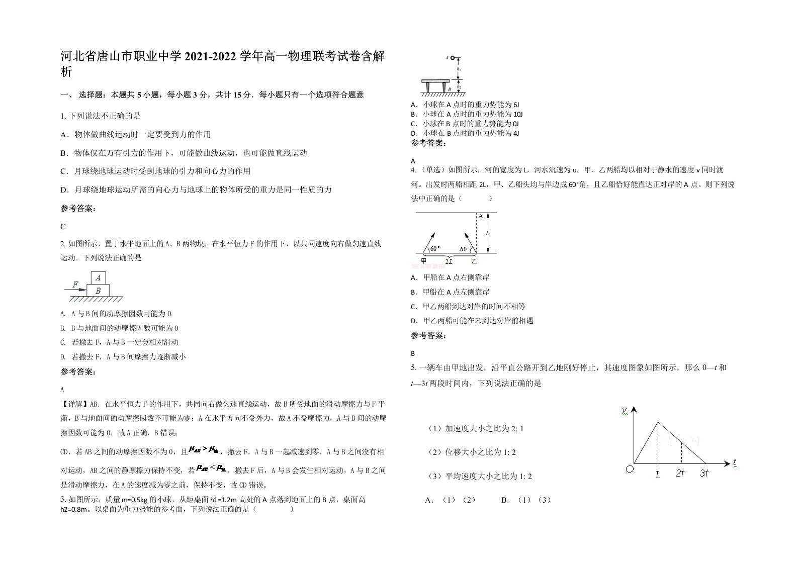 河北省唐山市职业中学2021-2022学年高一物理联考试卷含解析