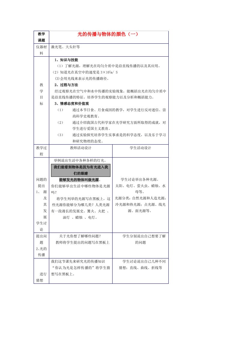 八年级物理光的传播与物体的颜色教科版