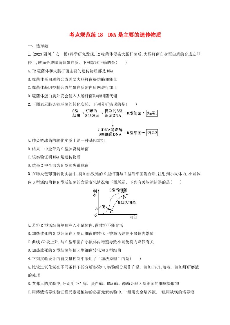 适用于新高考新教材2025届高考生物一轮总复习考点规范练18DNA是主要的遗传物质新人教版