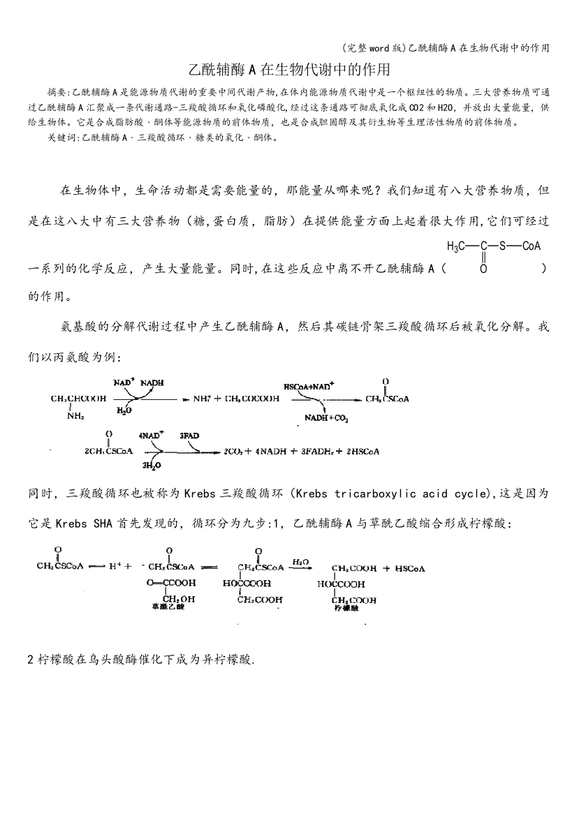 乙酰辅酶A在生物代谢中的作用