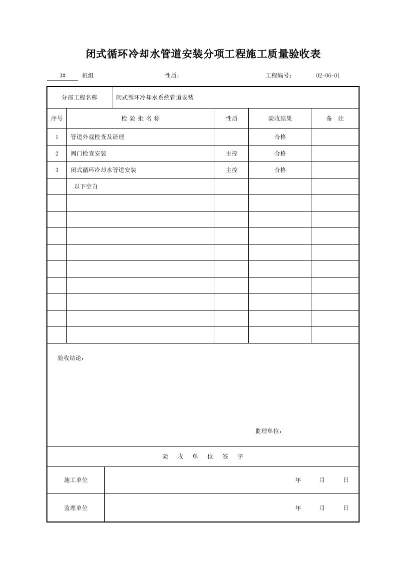 闭式循环冷却水管道安装分项工程施工质量验收表