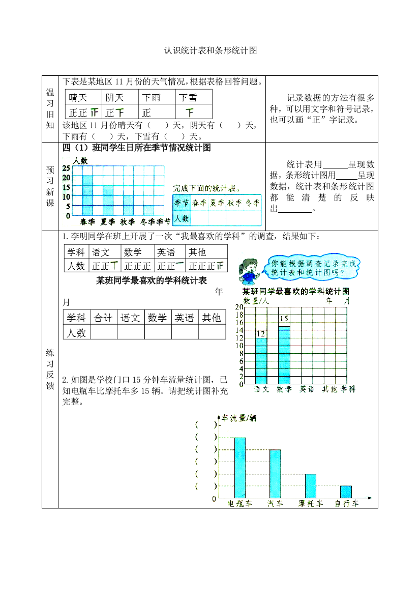 苏教版小学数学四年级上册：【预习学案】认识统计表和条形统计图