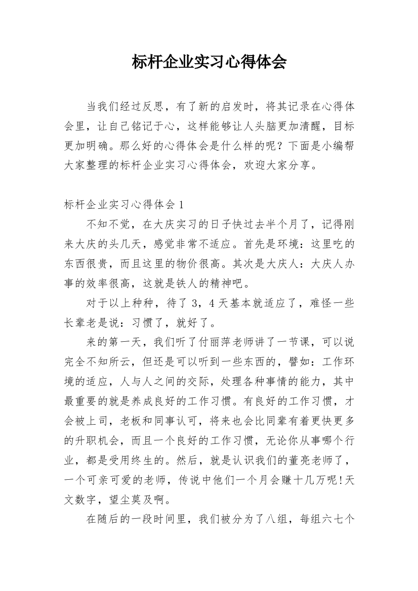 标杆企业实习心得体会