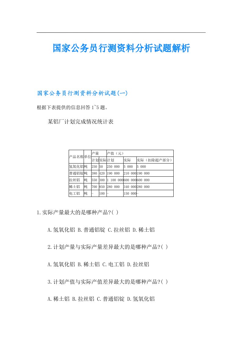 国家公务员行测资料分析试题解析